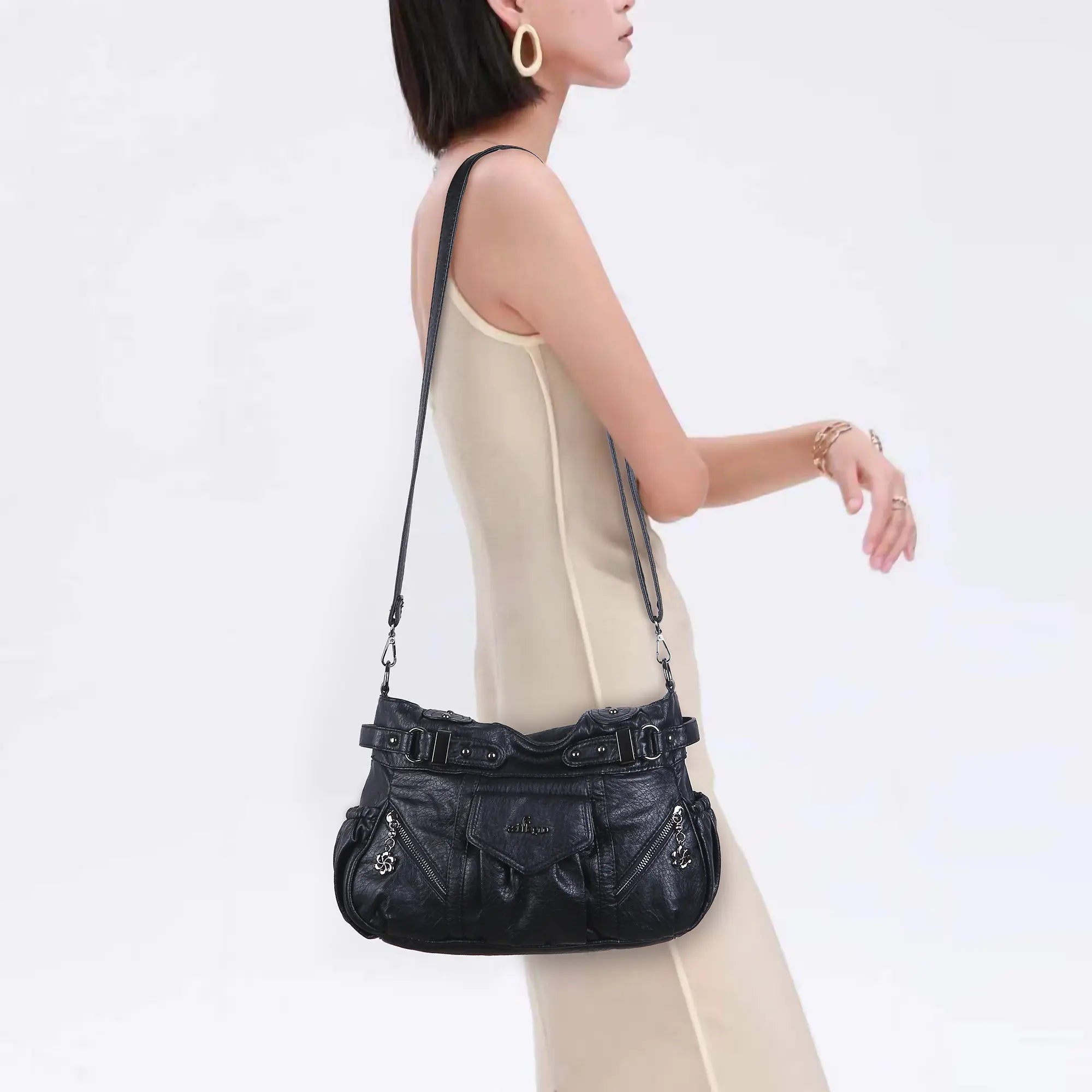 24時間以内発送 未使用品 希少カラー Leather Waist Bag Tie-Dye Pink Multi-Pocket Vegan Leather Shoulder Tote Handbag