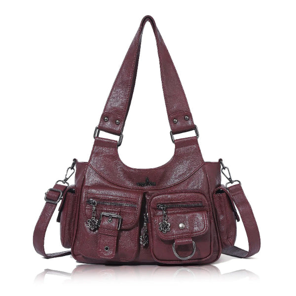 Vintage Burgundy Soft Leather Multi-Pocket Shoulder & Crossbody