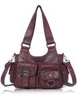 Vintage Burgundy Soft Leather Multi-Pocket Shoulder & Crossbody Bag