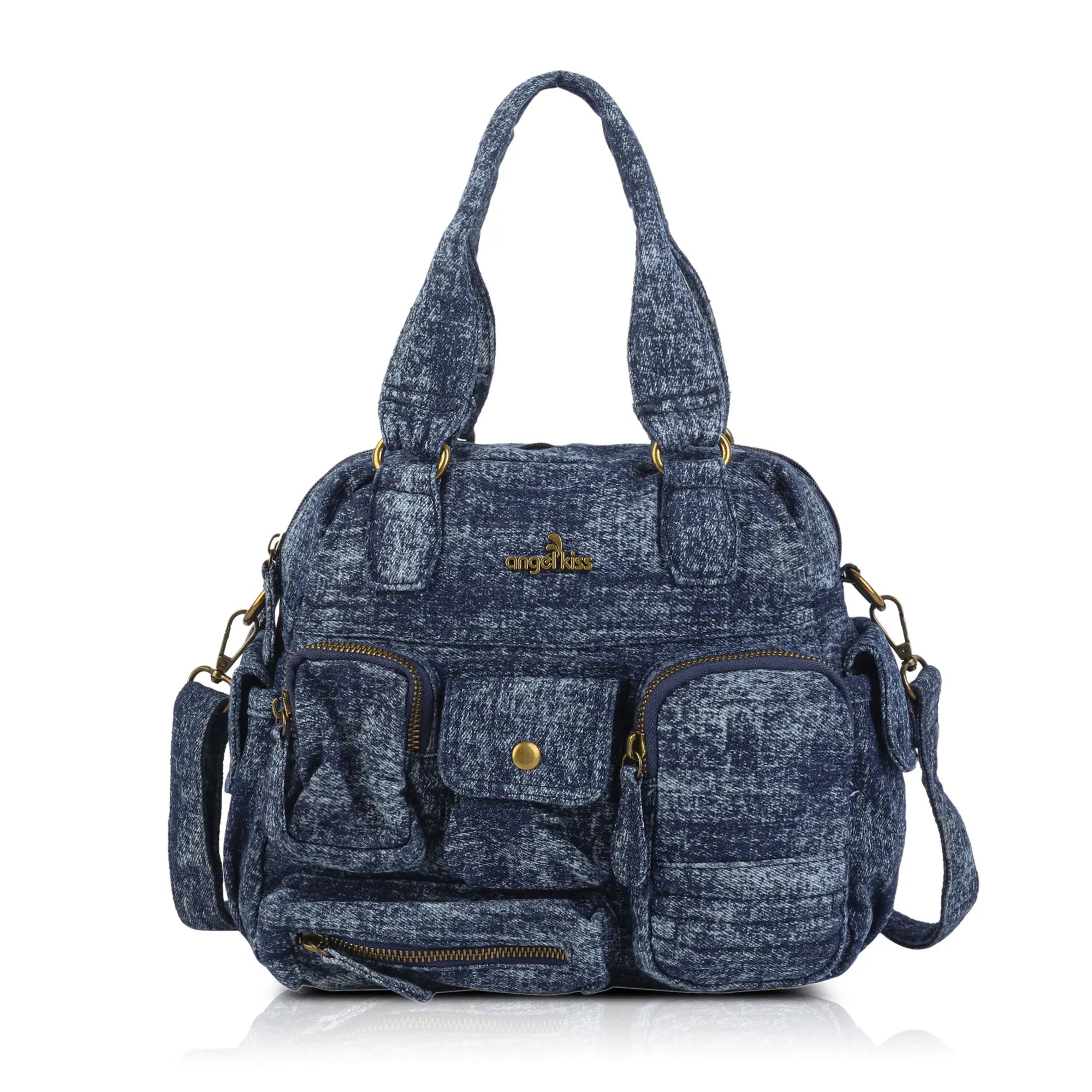 Multi-Pocket Soft Denim Tote Bag โ Casual Everyday Shoulder Bag with Top Handles