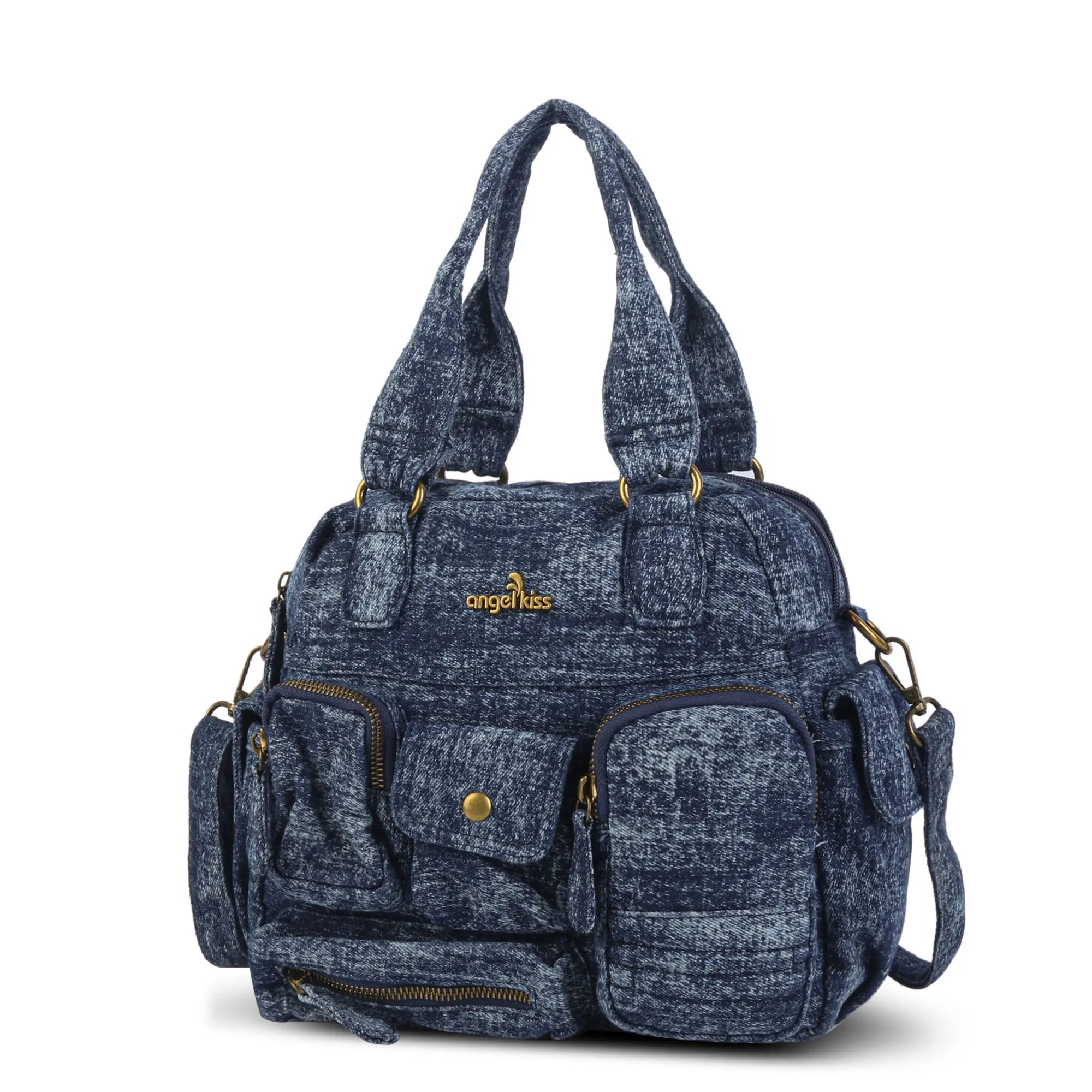 Multi-Pocket Soft Denim Tote Bag โ Casual Everyday Shoulder Bag with Top Handles