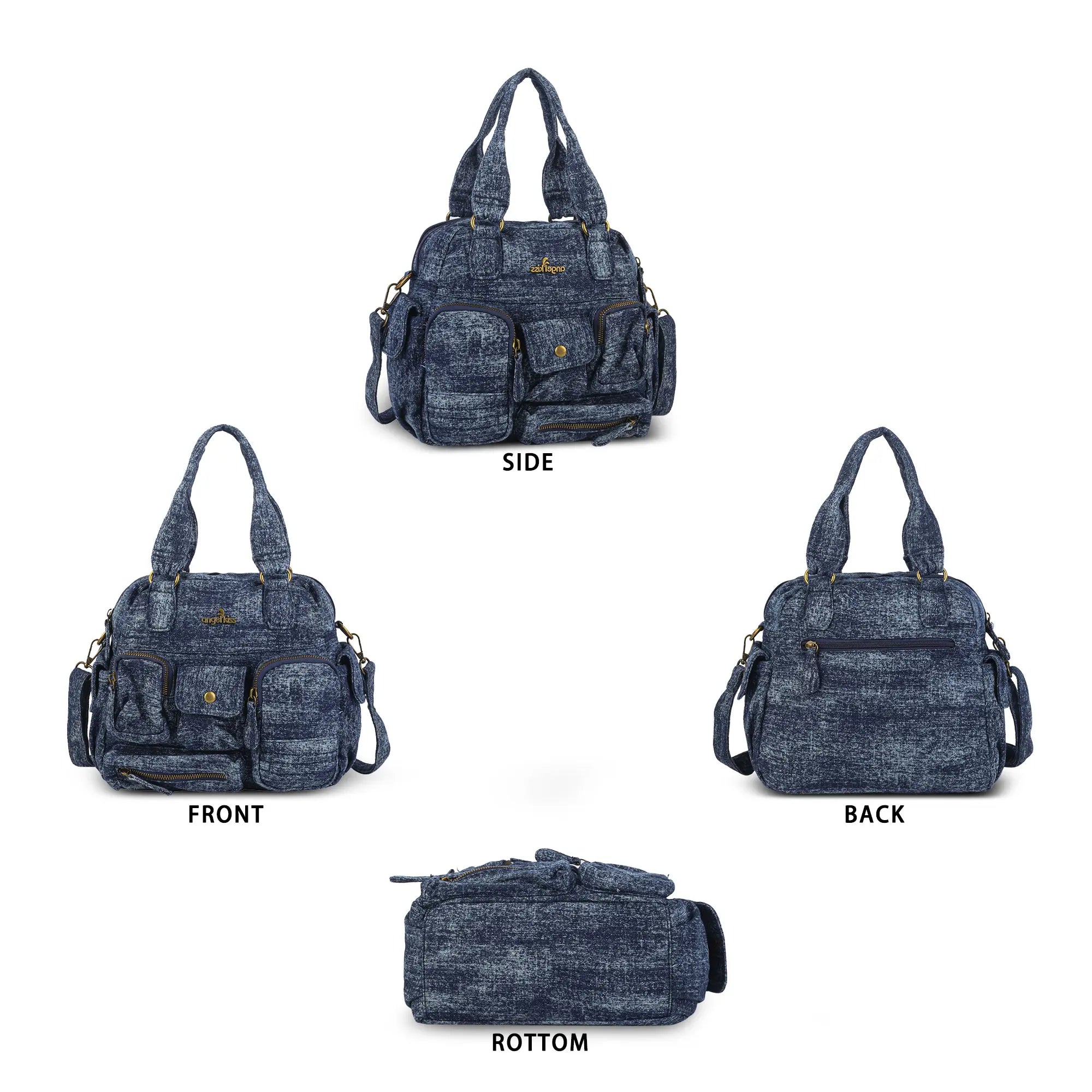 Multi-Pocket Soft Denim Tote Bag โ Casual Everyday Shoulder Bag with Top Handles