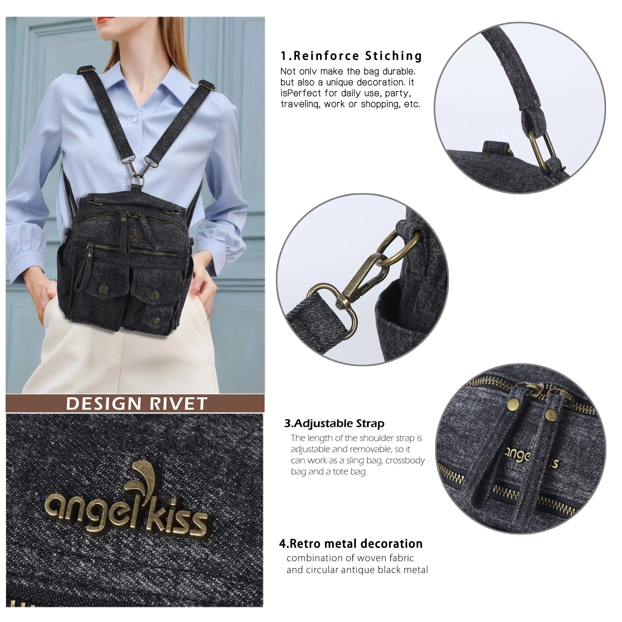 Denim Vintage Backpack – Multi-Pocket Convertible Tote for Commuting & Daily Use
