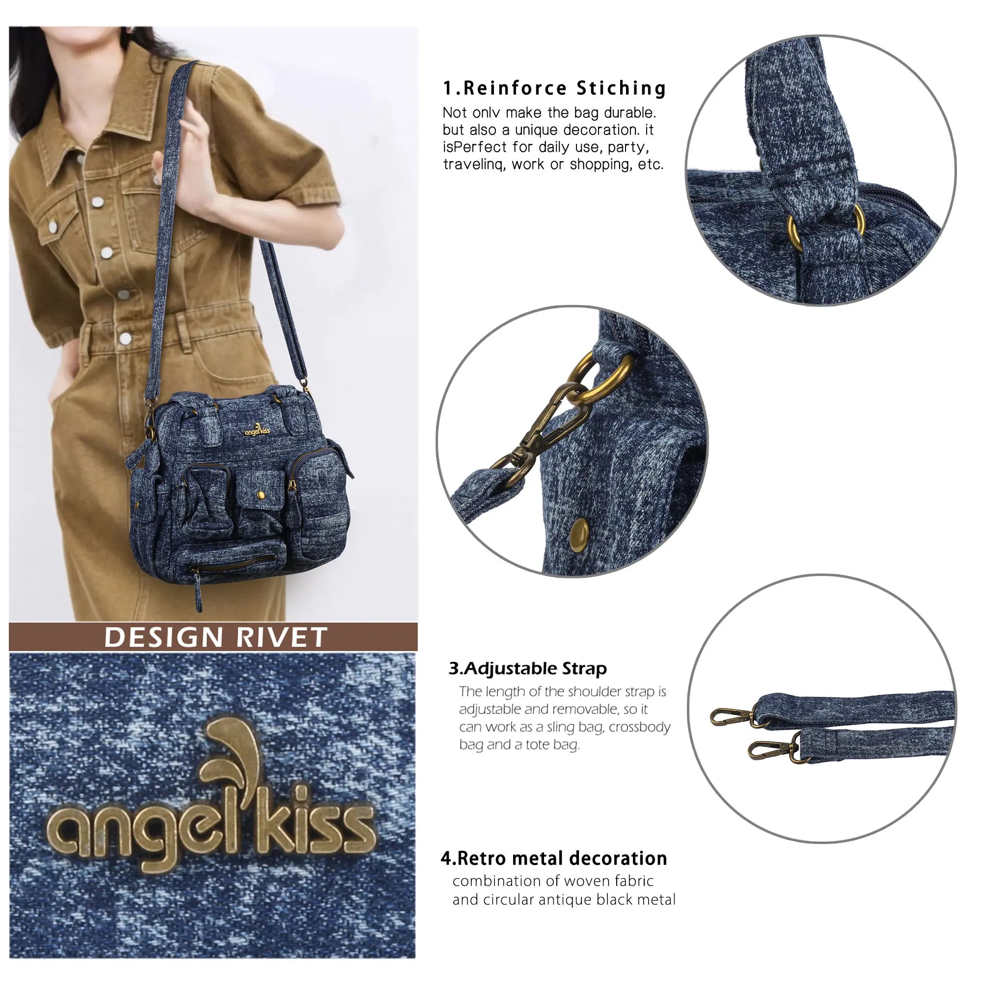 Multi-Pocket Soft Denim Tote Bag โ Casual Everyday Shoulder Bag with Top Handles