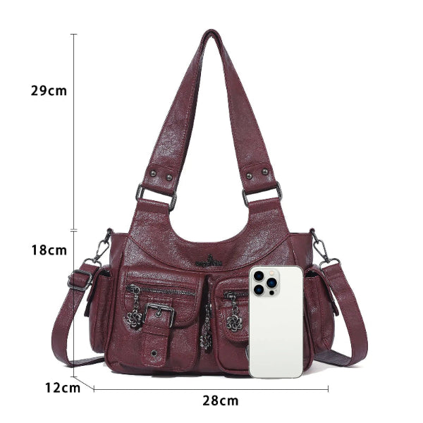 Vintage Burgundy Soft Leather Multi-Pocket Shoulder & Crossbody