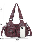 Vintage Burgundy Soft Leather Multi-Pocket Shoulder & Crossbody Bag