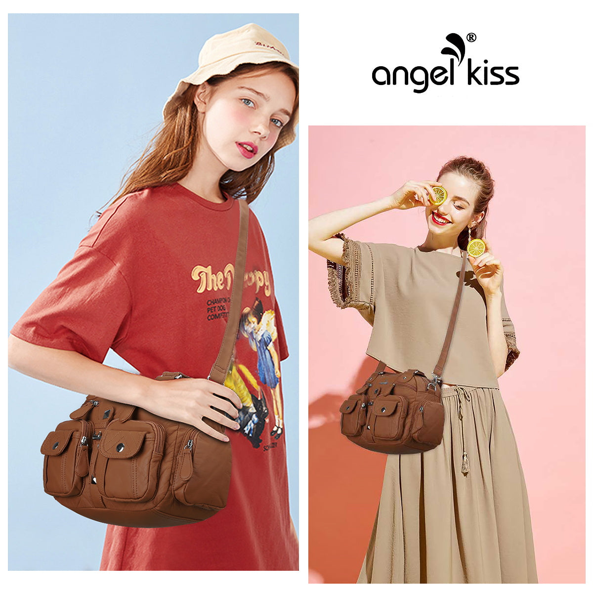 Washed Leather Handbag Unique Style For Women-Angelkiss Bag
