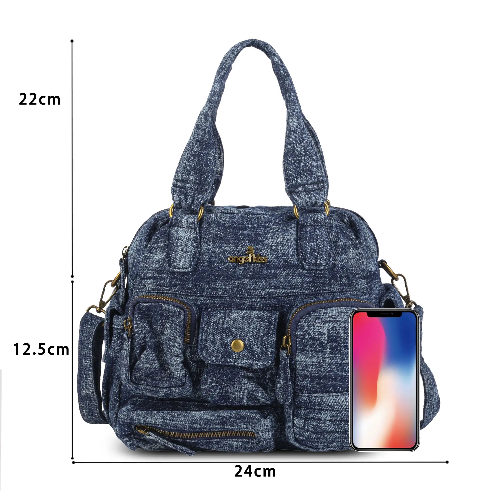 Multi-Pocket Soft Denim Tote Bag โ Casual Everyday Shoulder Bag with Top Handles