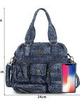 Multi-Pocket Soft Denim Tote Bag – Casual Everyday Shoulder Bag with Top Handles