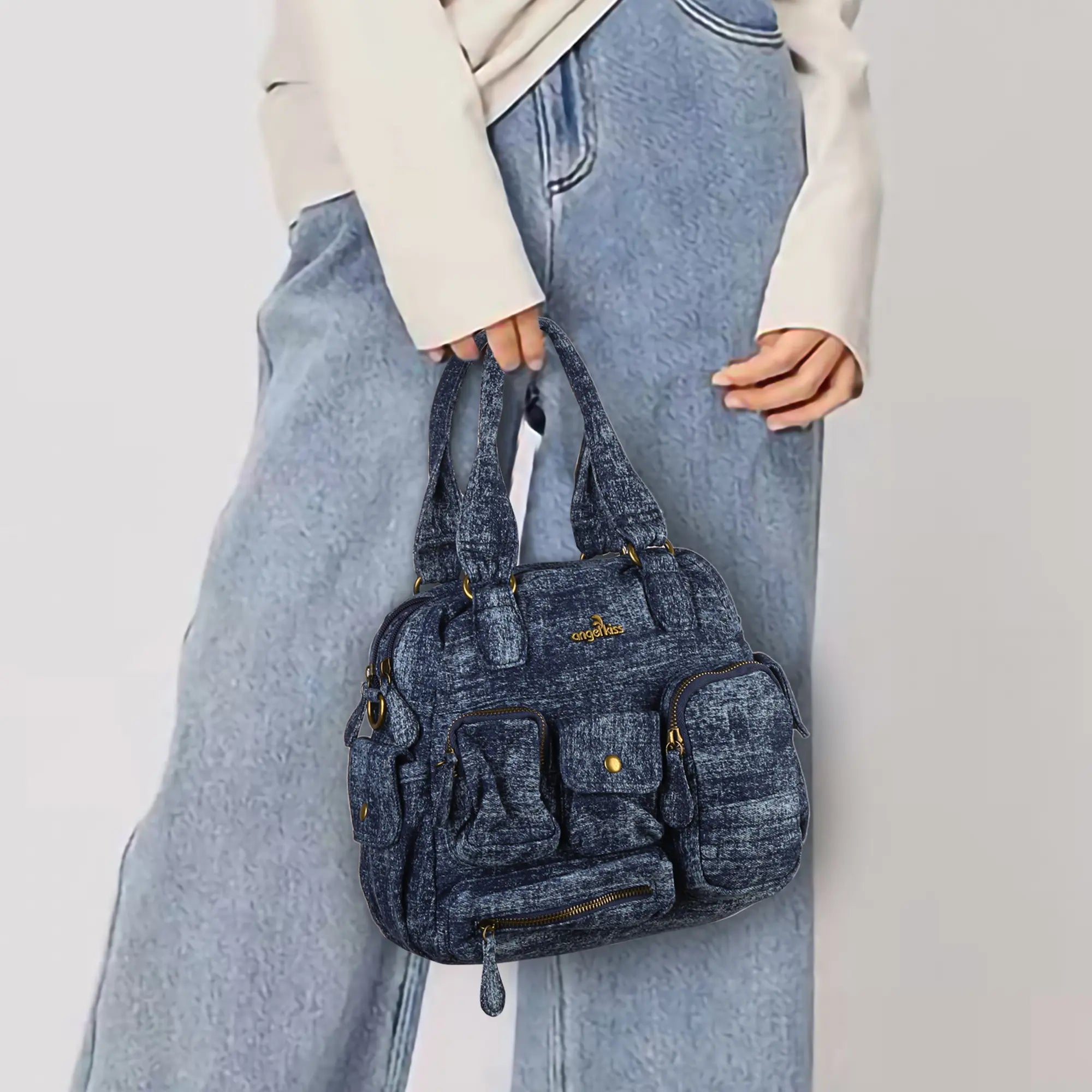 Multi-Pocket Soft Denim Tote Bag โ Casual Everyday Shoulder Bag with Top Handles
