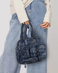 Multi-Pocket Soft Denim Tote Bag – Casual Everyday Shoulder Bag with Top Handles