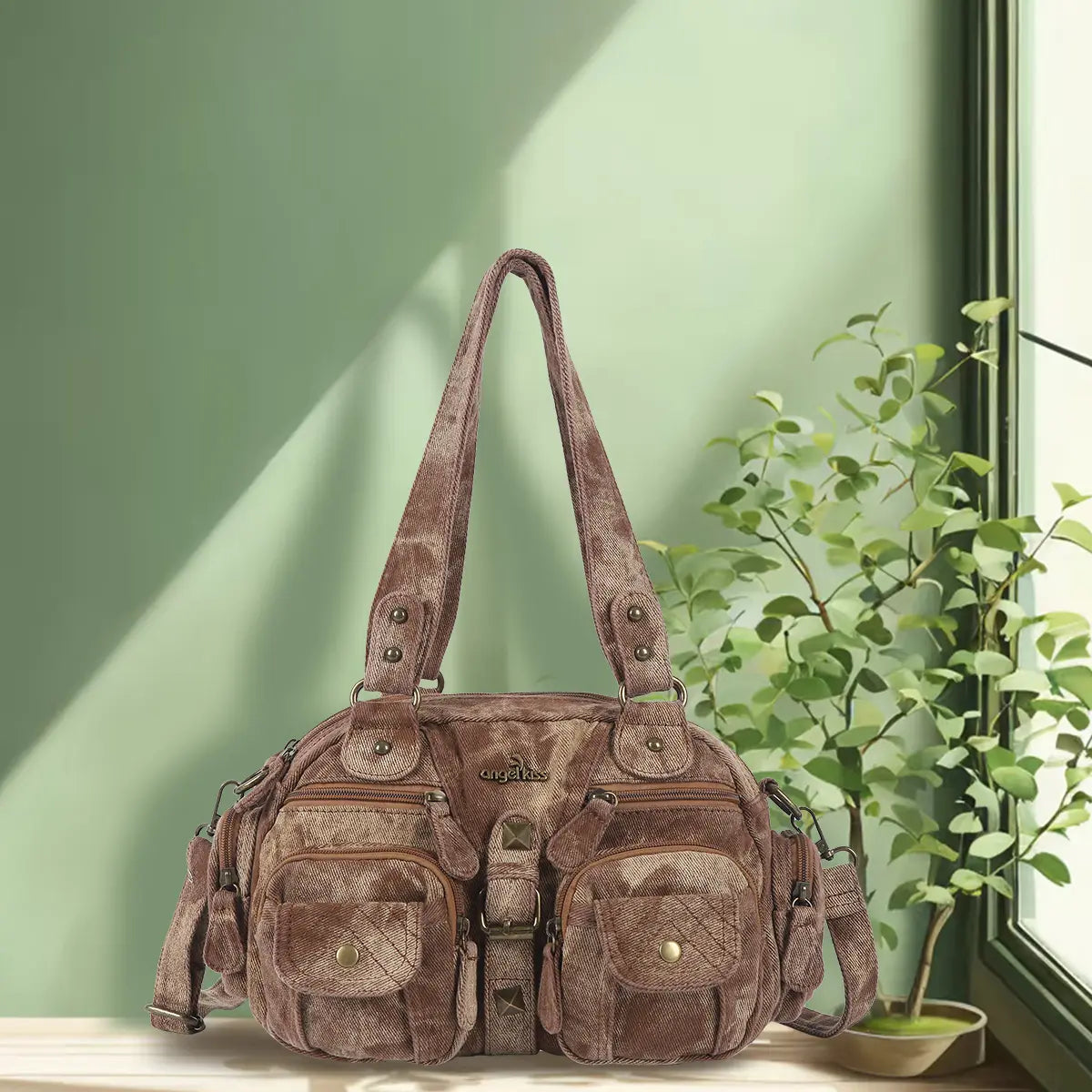 Bolso de mano de piel lavada con diseño denim, estilo único para mujer, bandolera.