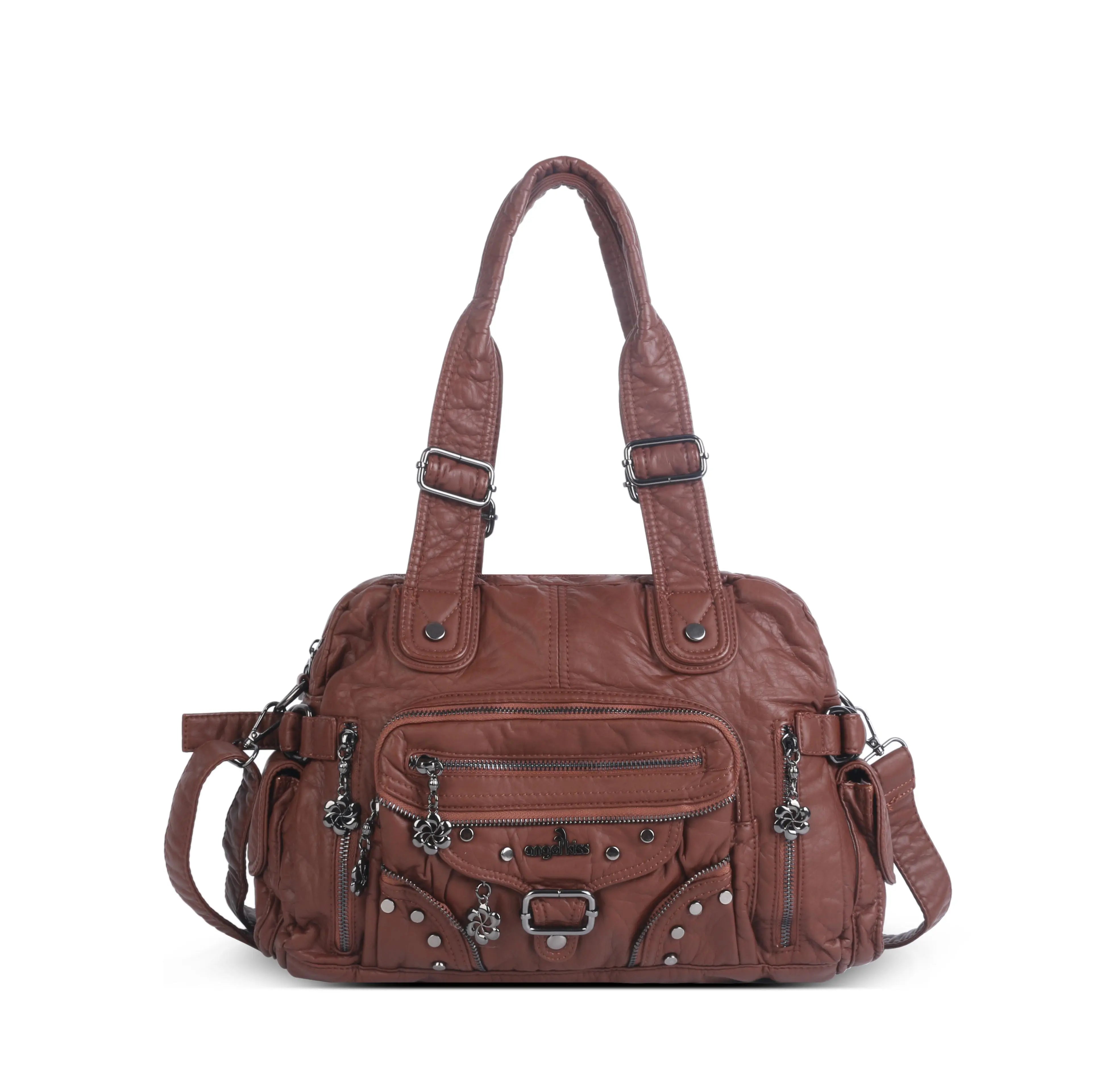 Multi-Pocket Vintage Vegan Leather Tote – Classic Shoulder