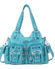 Vintage Multi-Pocket Shoulder Bag - Washed Texture with Studs & Charms