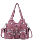 Vintage Multi-Pocket Shoulder Bag - Washed Texture with Studs & Charms