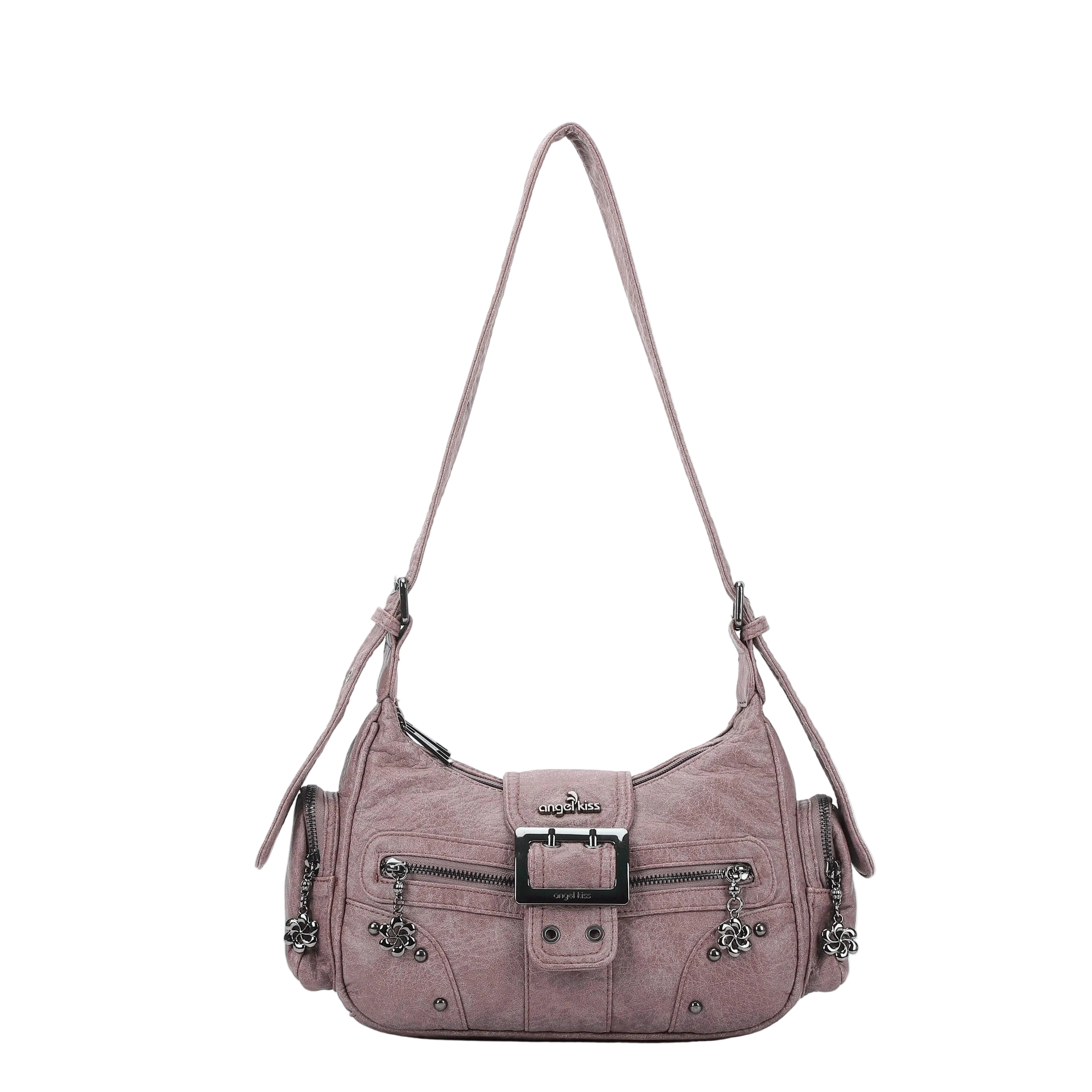 Washed Y2K Buckle Shoulder Bag with Floral Zipper Detail