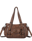 Textured Multi-Pocket Shoulder Bag with Rivet Details