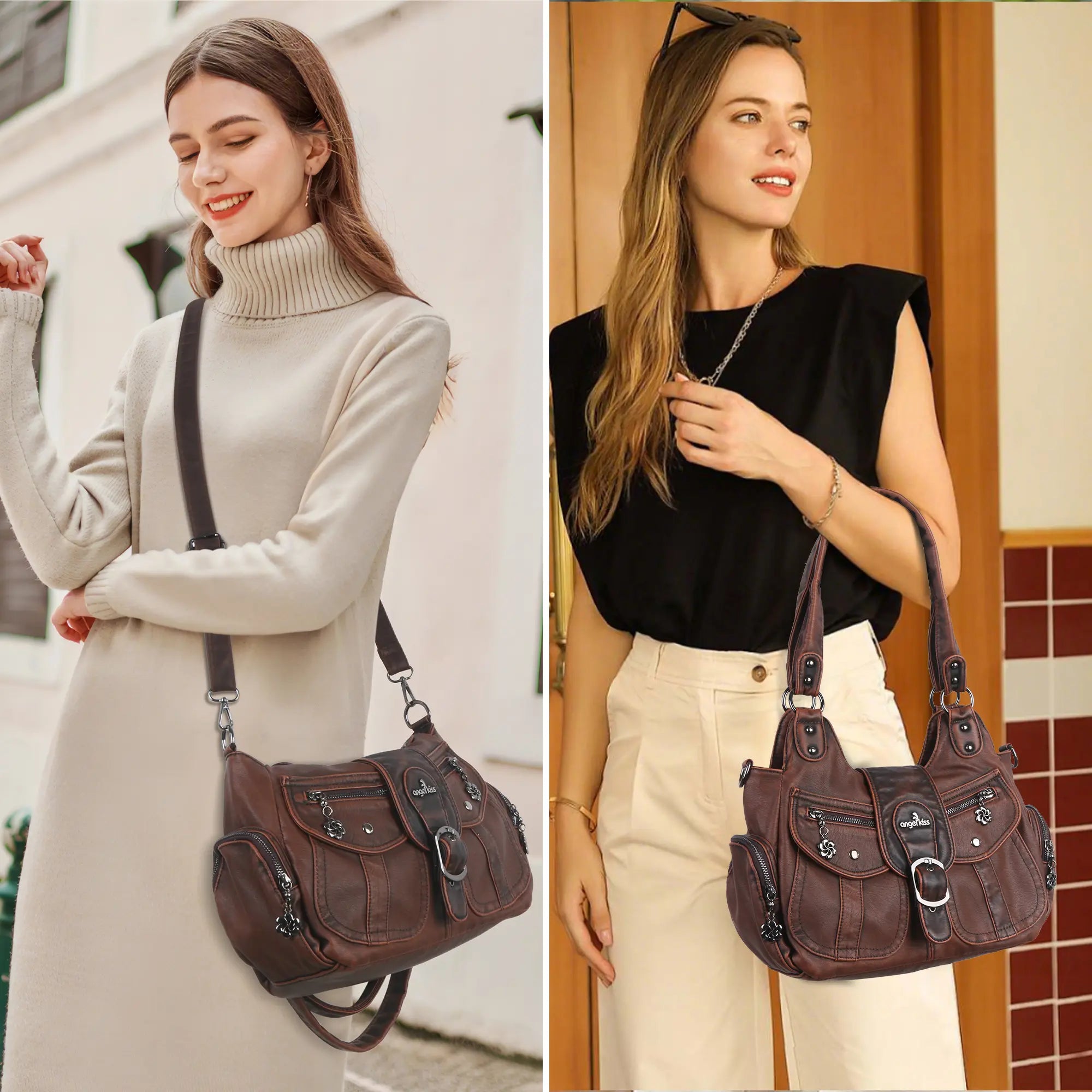 Women's retro fashion multi-compartment large capacity hobo bag | angel kiss bag