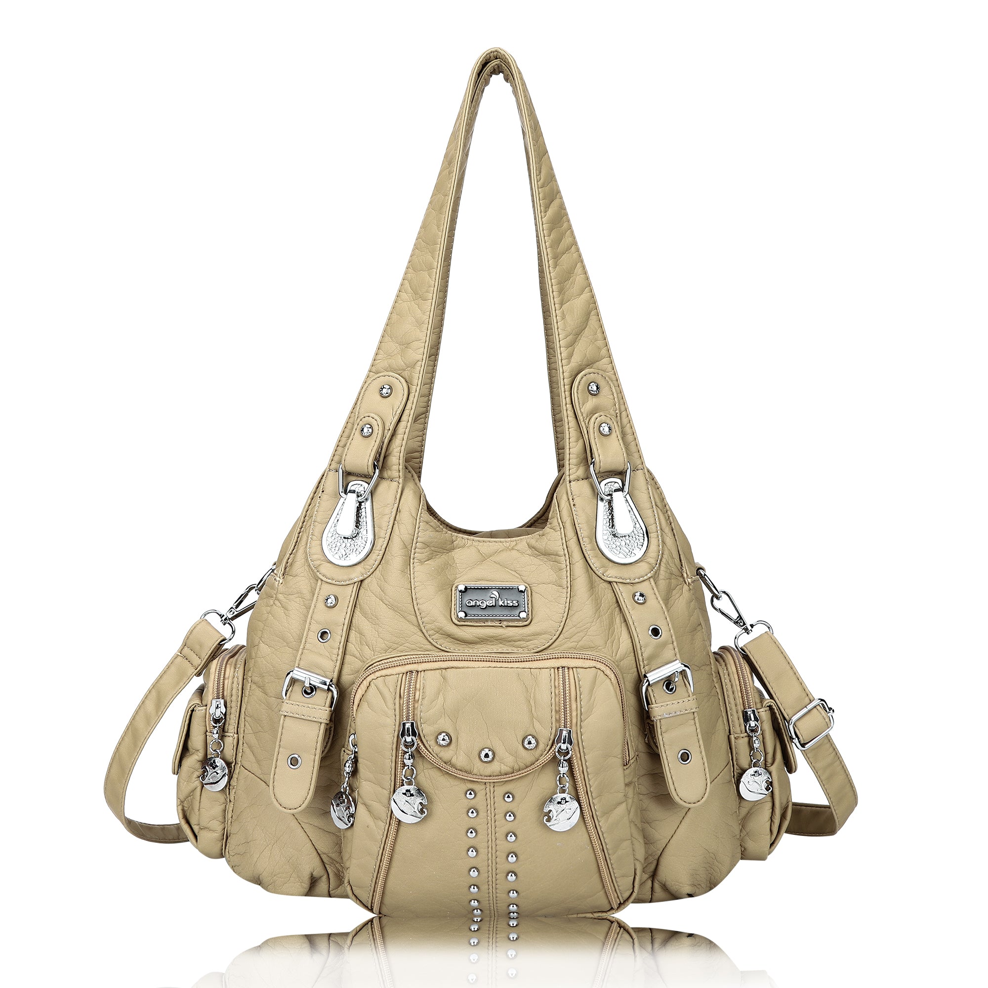 Women Shouder Handbag of Washed PU with Multi-pockets-Angelkiss Bag