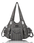 Women Shouder Handbag of Washed PU with Multi-pockets-Angelkiss Bag