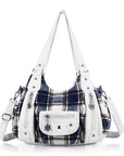 Plaid vintage wash PU leather women's shoulder bag tote bag-Angelkiss Bag