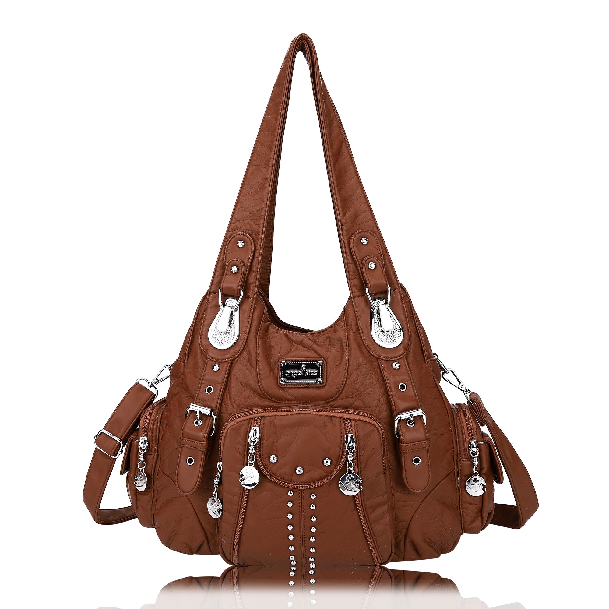 Women Shouder Handbag of Washed PU with Multi-pockets-Angelkiss Bag