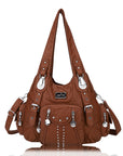 Women Shouder Handbag of Washed PU with Multi-pockets-Angelkiss Bag