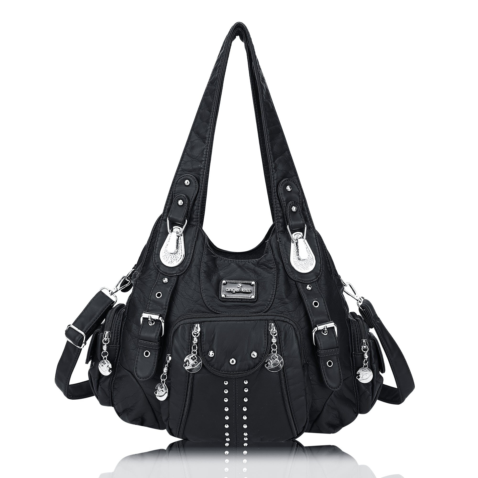 Women Shouder Handbag of Washed PU with Multi-pockets-Angelkiss Bag