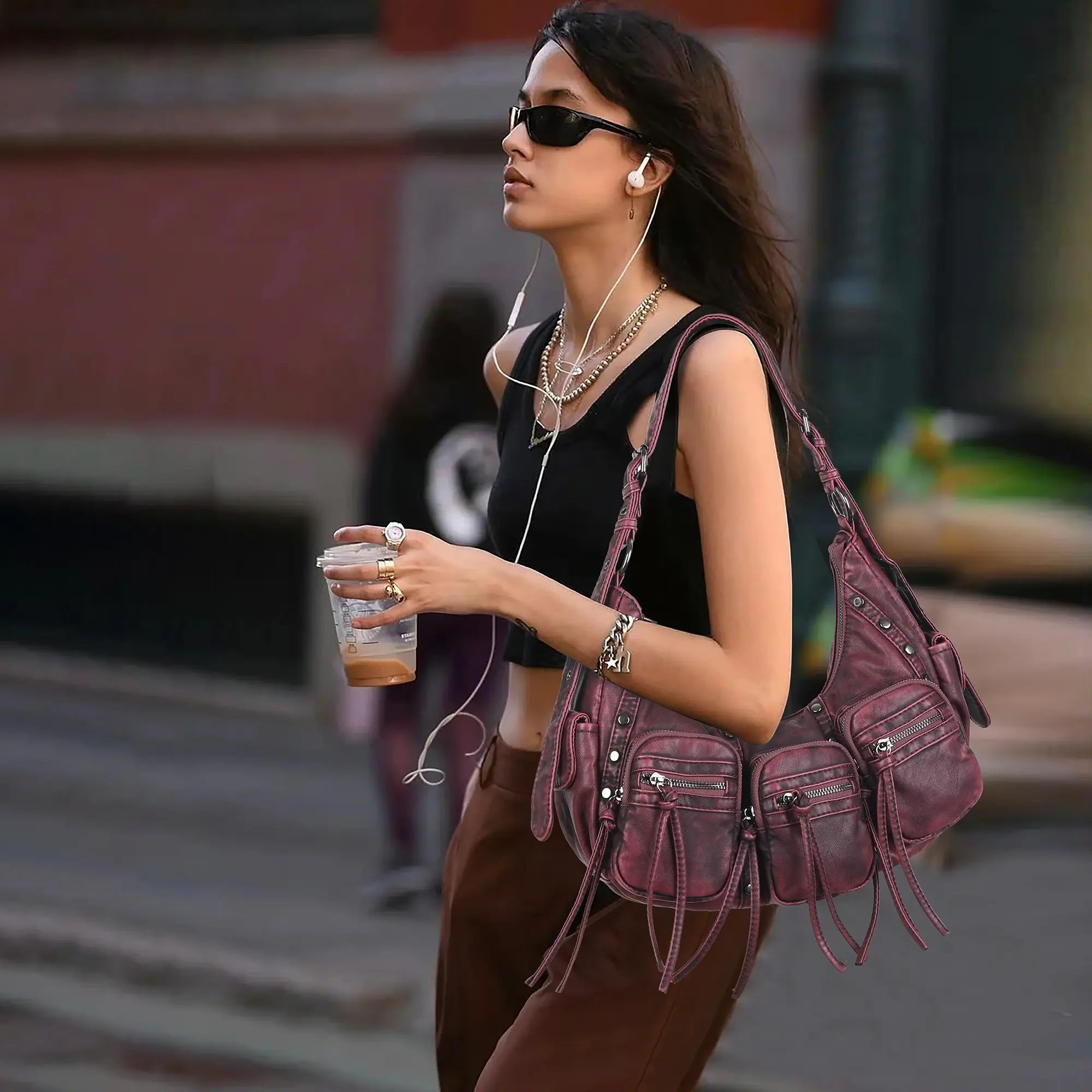 Trendy Washed Burgundy Shoulder Bag – Tassel Accent Women’s Hobo Vintage Style Purse
