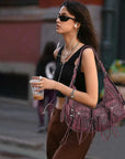 Trendy Washed Burgundy Shoulder Bag – Tassel Accent Women’s Hobo Vintage Style Purse