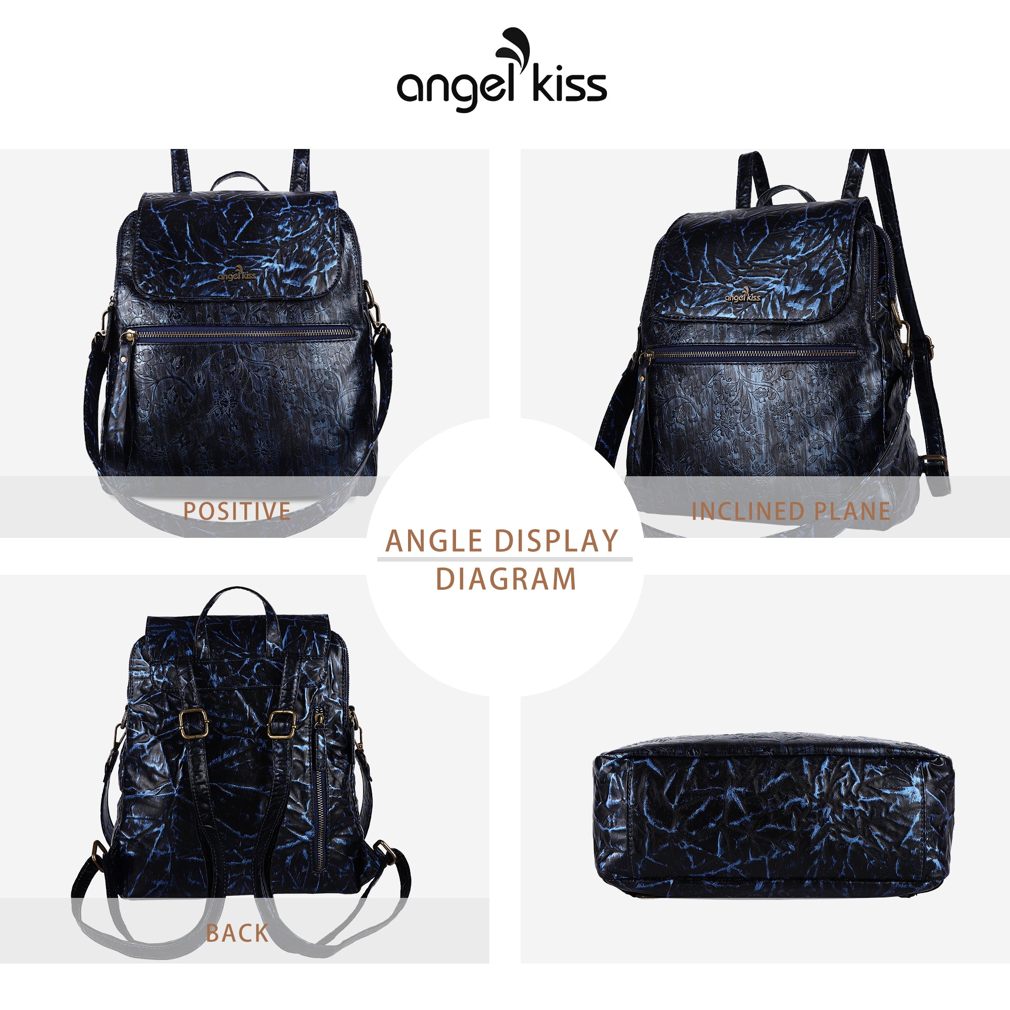 Wash watermark floral vintage backpack-Angelkiss Bag