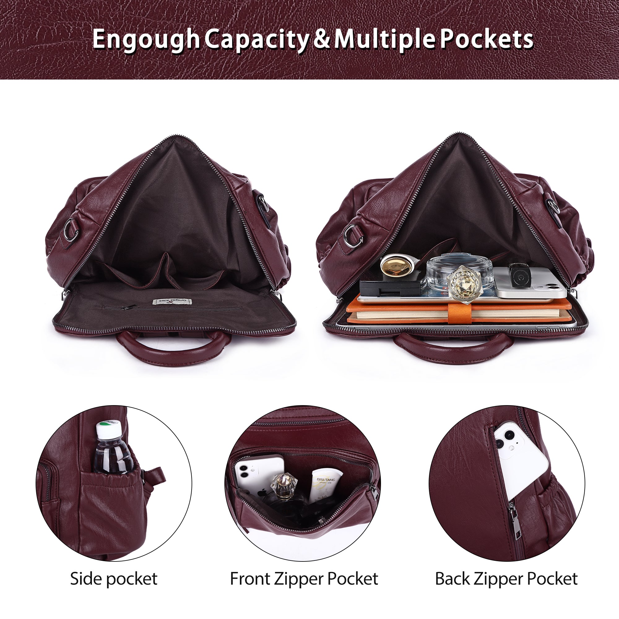 Women's large capacity backpacks for school, pu wash leather-Angelkiss Bag