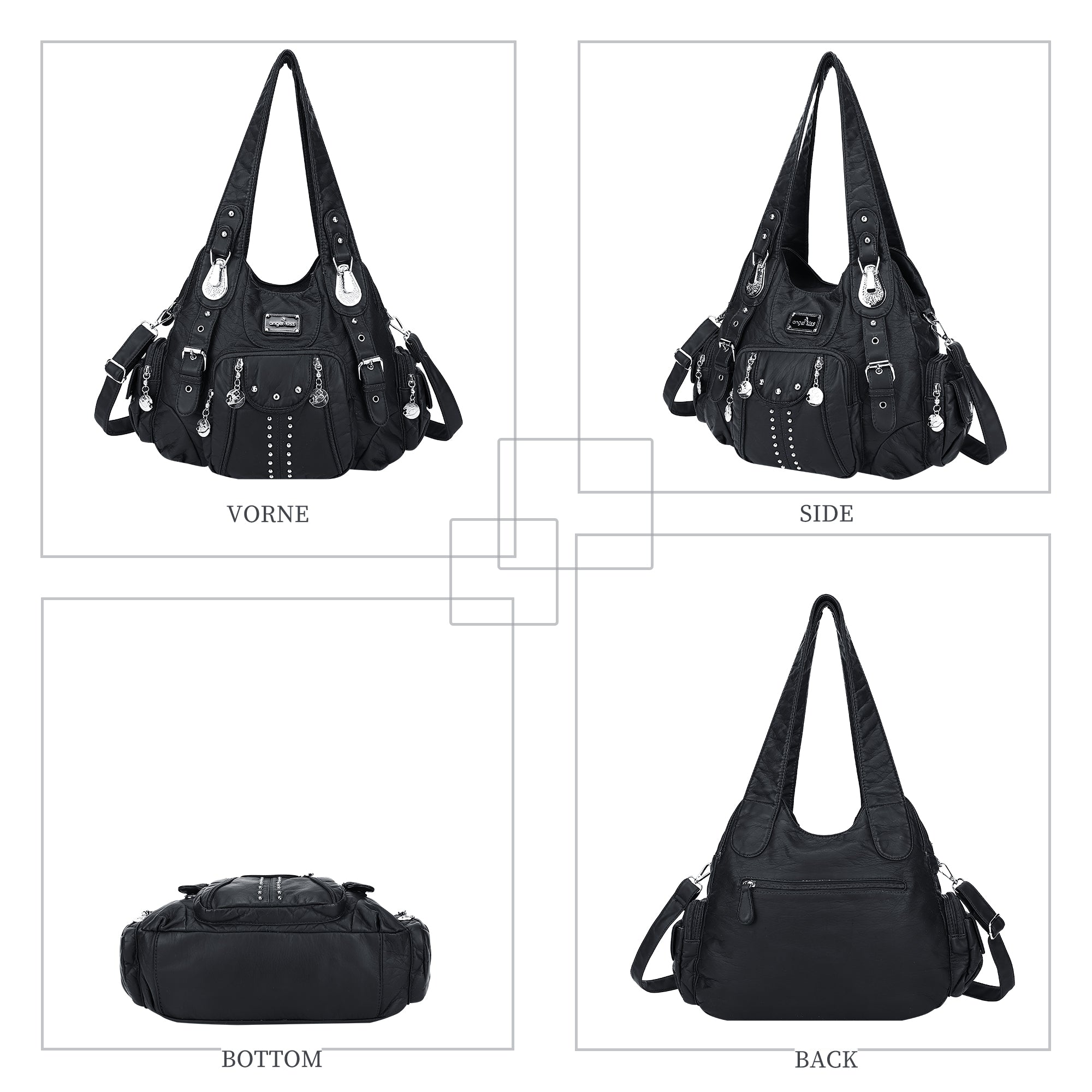Women Shouder Handbag of Washed PU with Multi-pockets-Angelkiss Bag