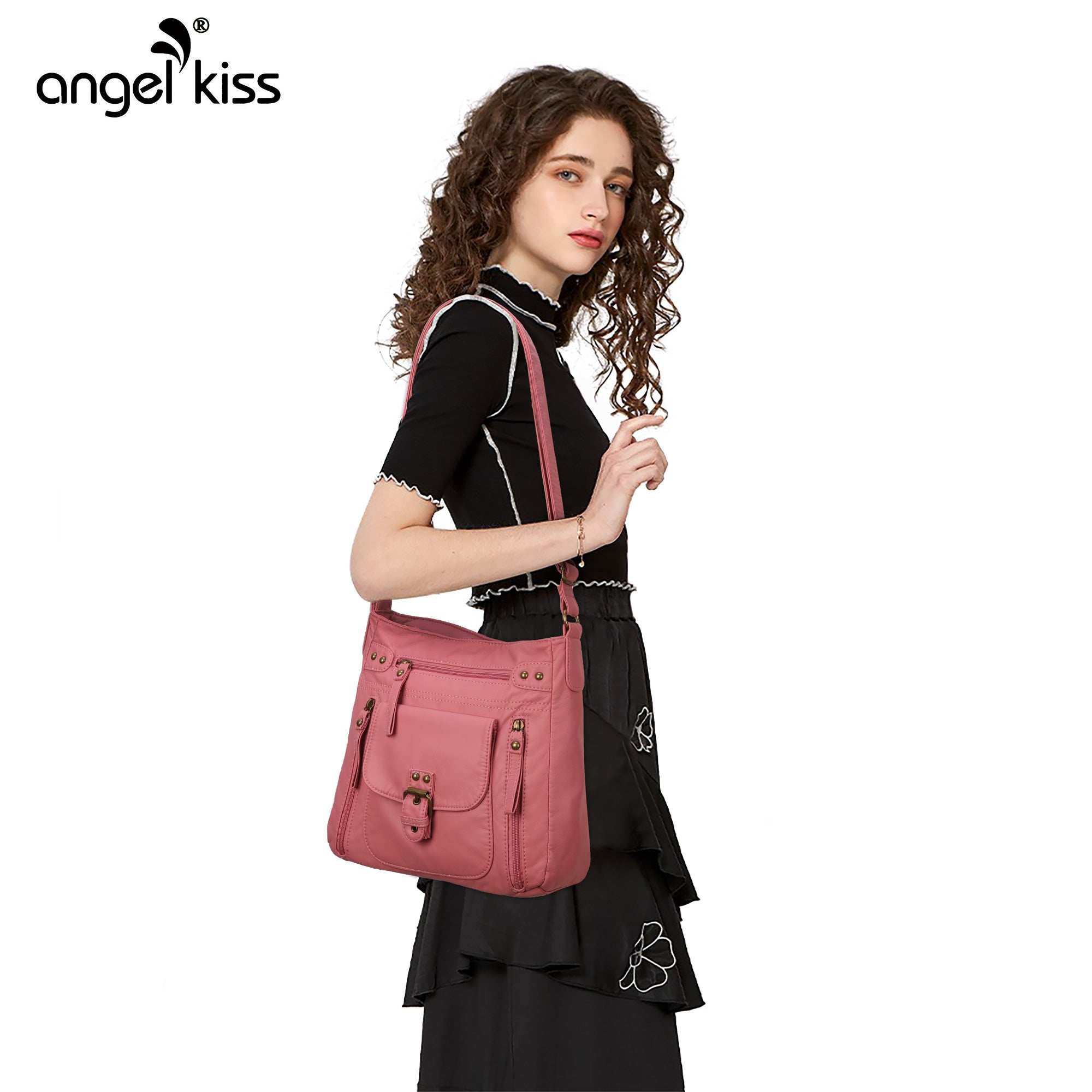 Solid color wash water pu leather adjustable shoulder strap daily shoulder bag-Angelkiss Bag