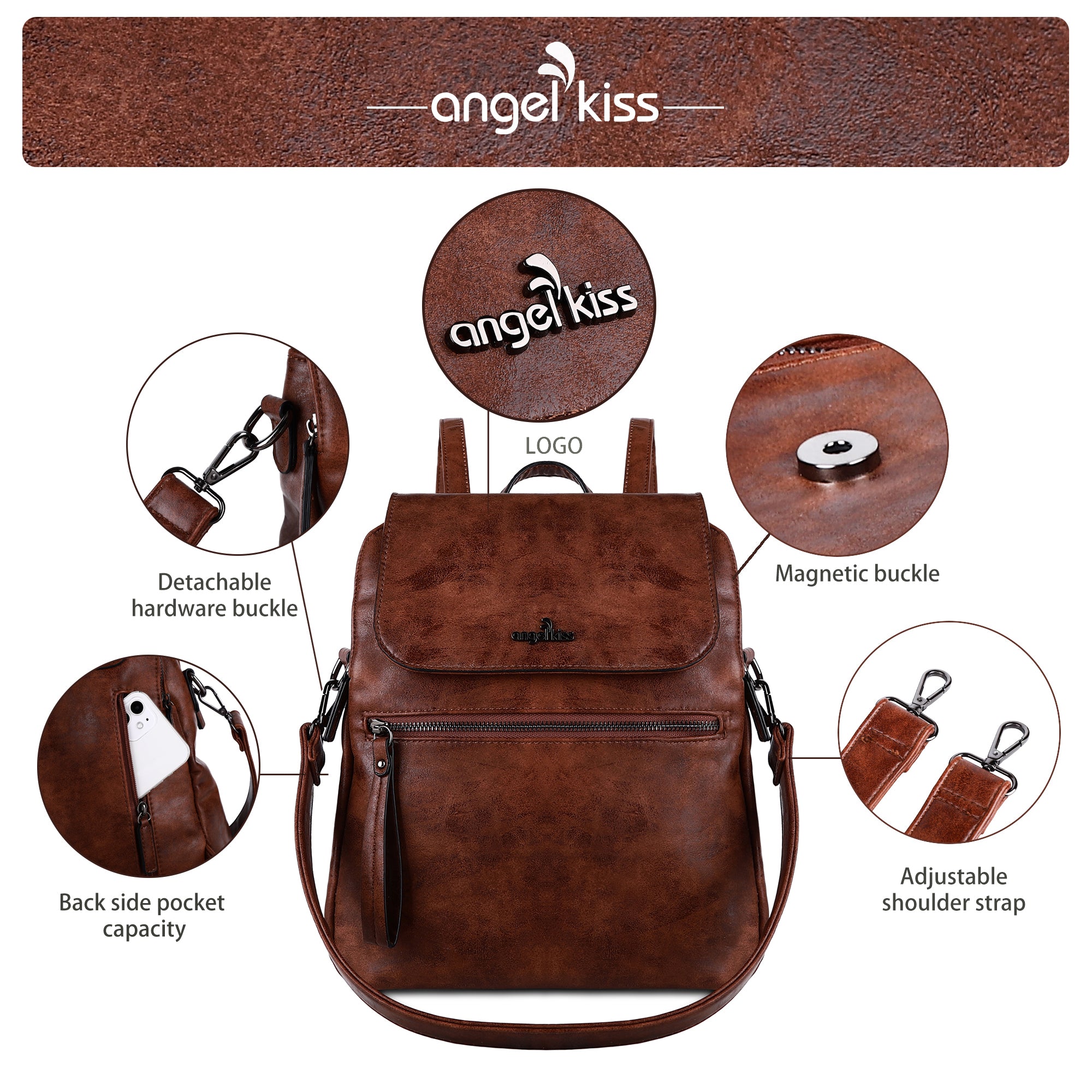 pu leather detachable shoulder strap backpack/crossbody bag-Angelkiss Bag
