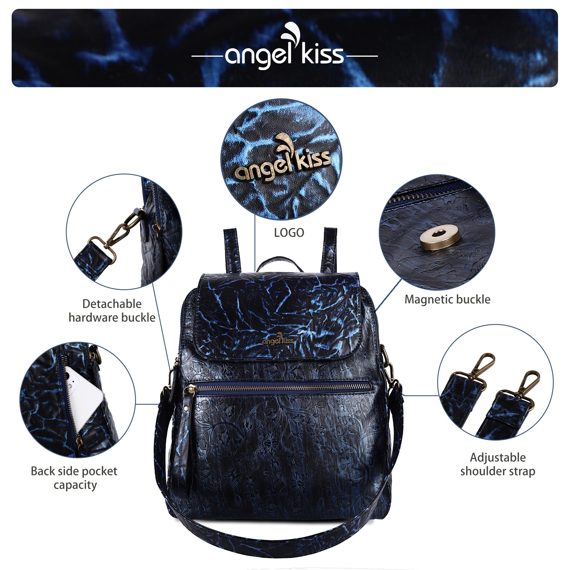 Wash watermark floral vintage backpack-Angelkiss Bag