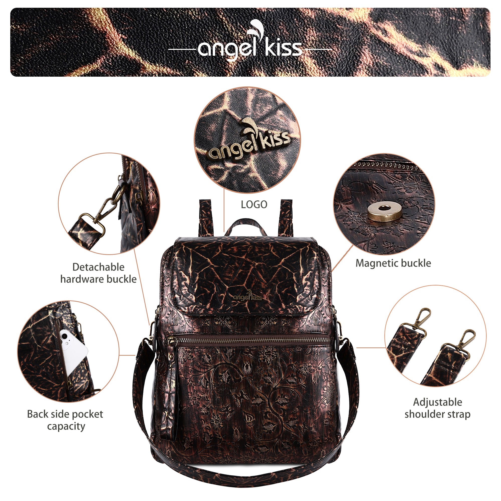 Wash watermark floral vintage backpack-Angelkiss Bag