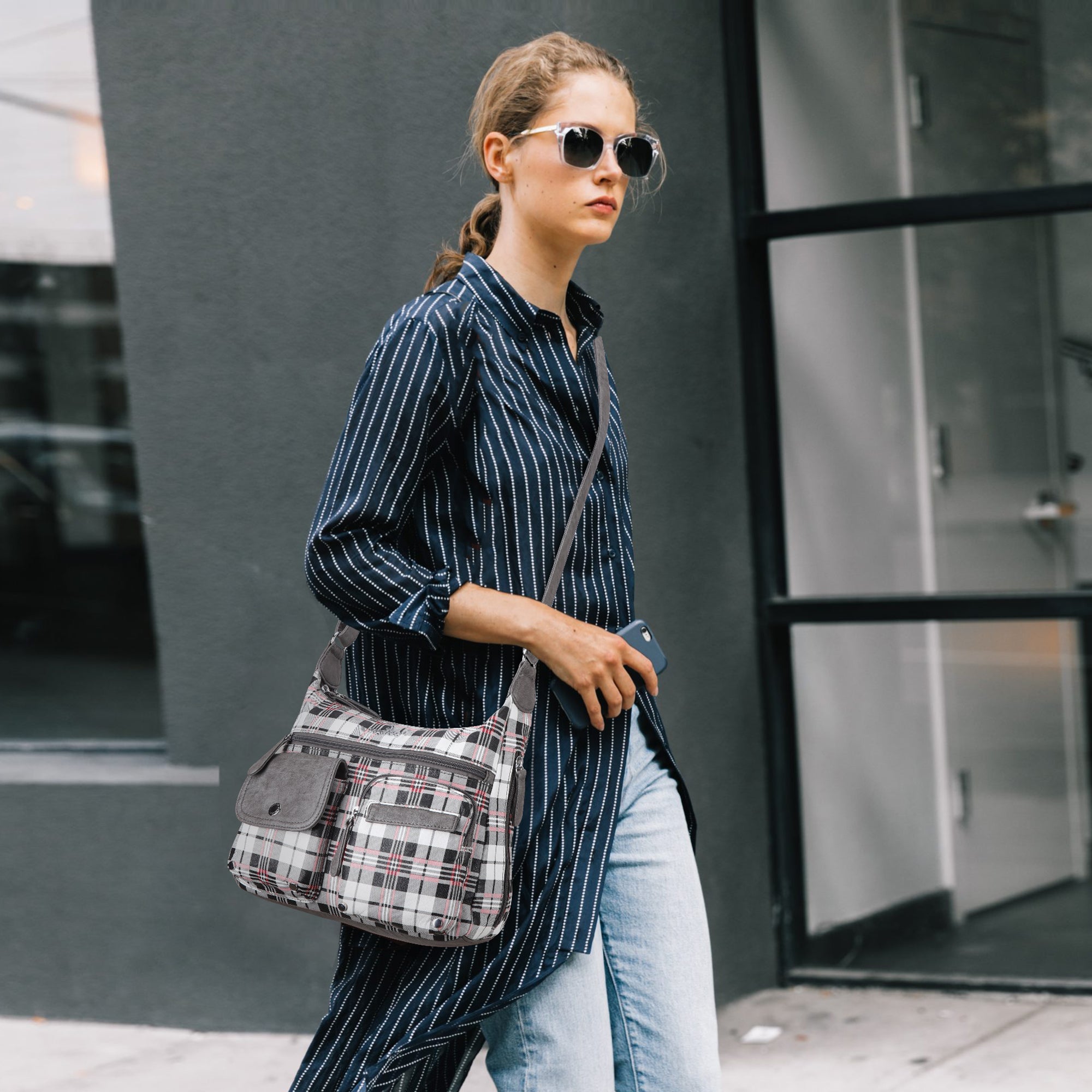 Women's plaid water wash pu leather crossbody bag-Angelkiss Bag