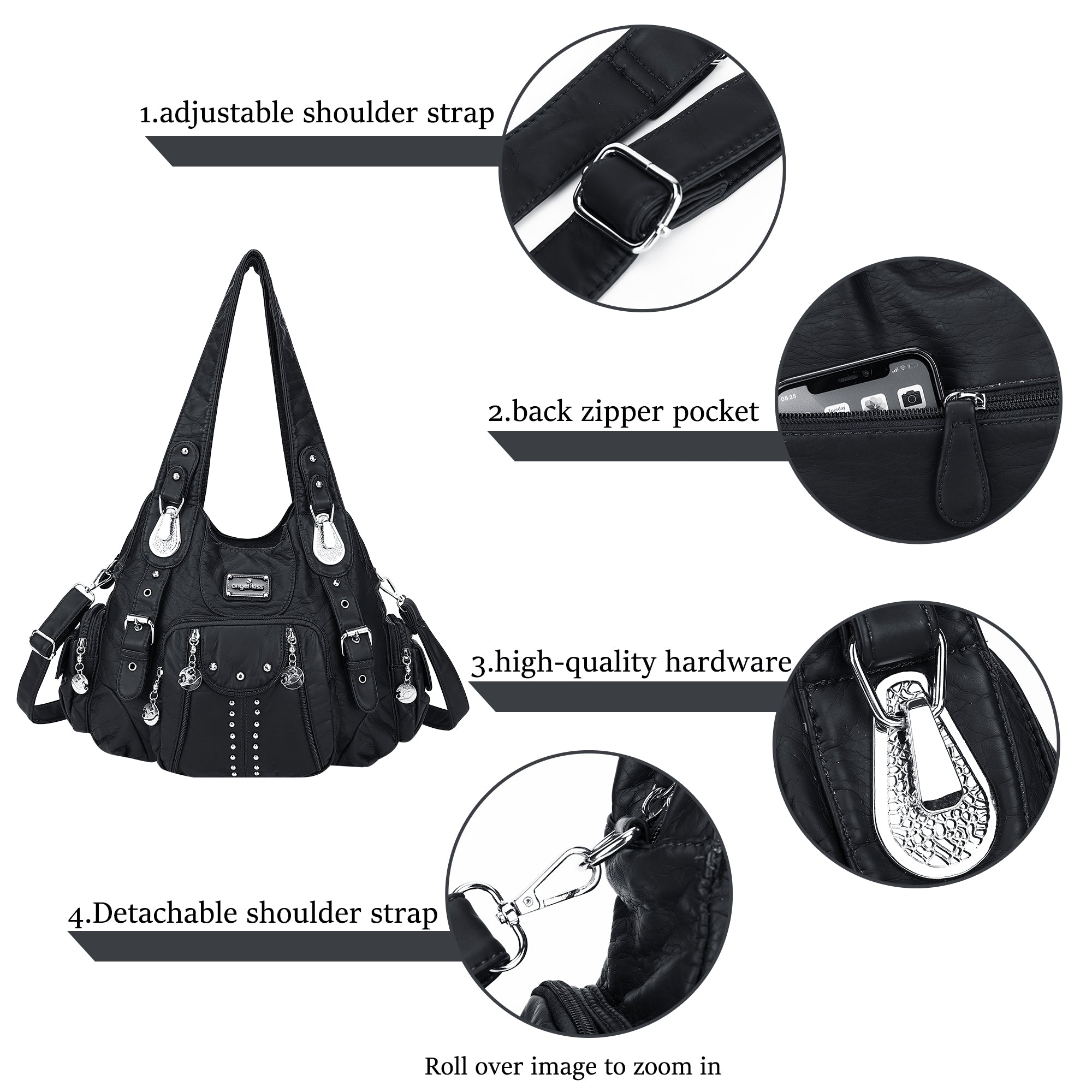 Women Shouder Handbag of Washed PU with Multi-pockets-Angelkiss Bag