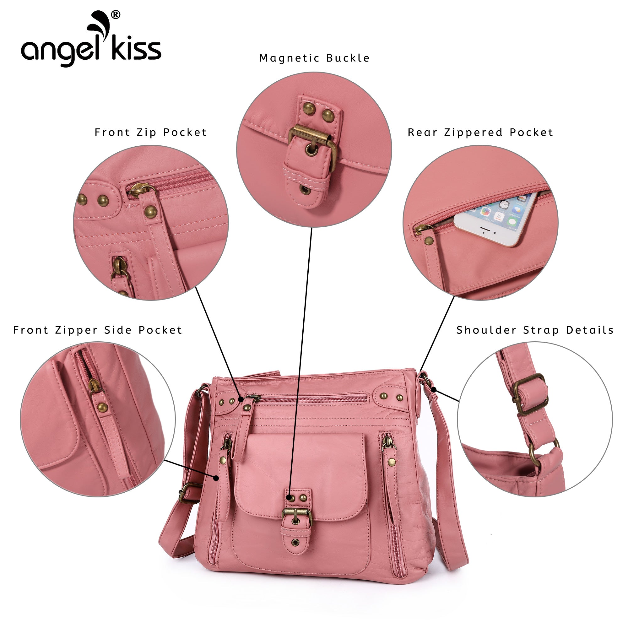 Solid color wash water pu leather adjustable shoulder strap daily shoulder bag-Angelkiss Bag