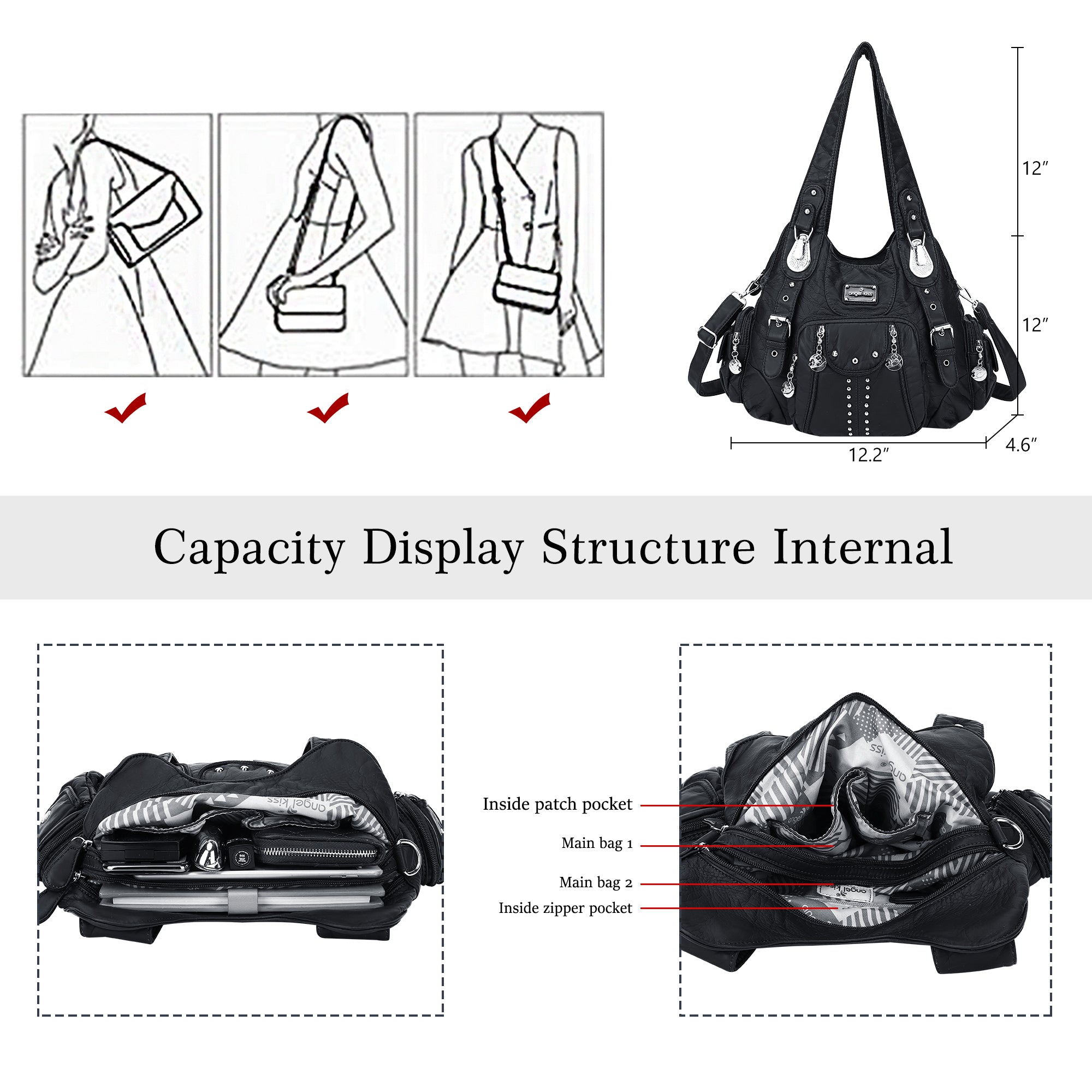 Women Shouder Handbag of Washed PU with Multi-pockets-Angelkiss Bag