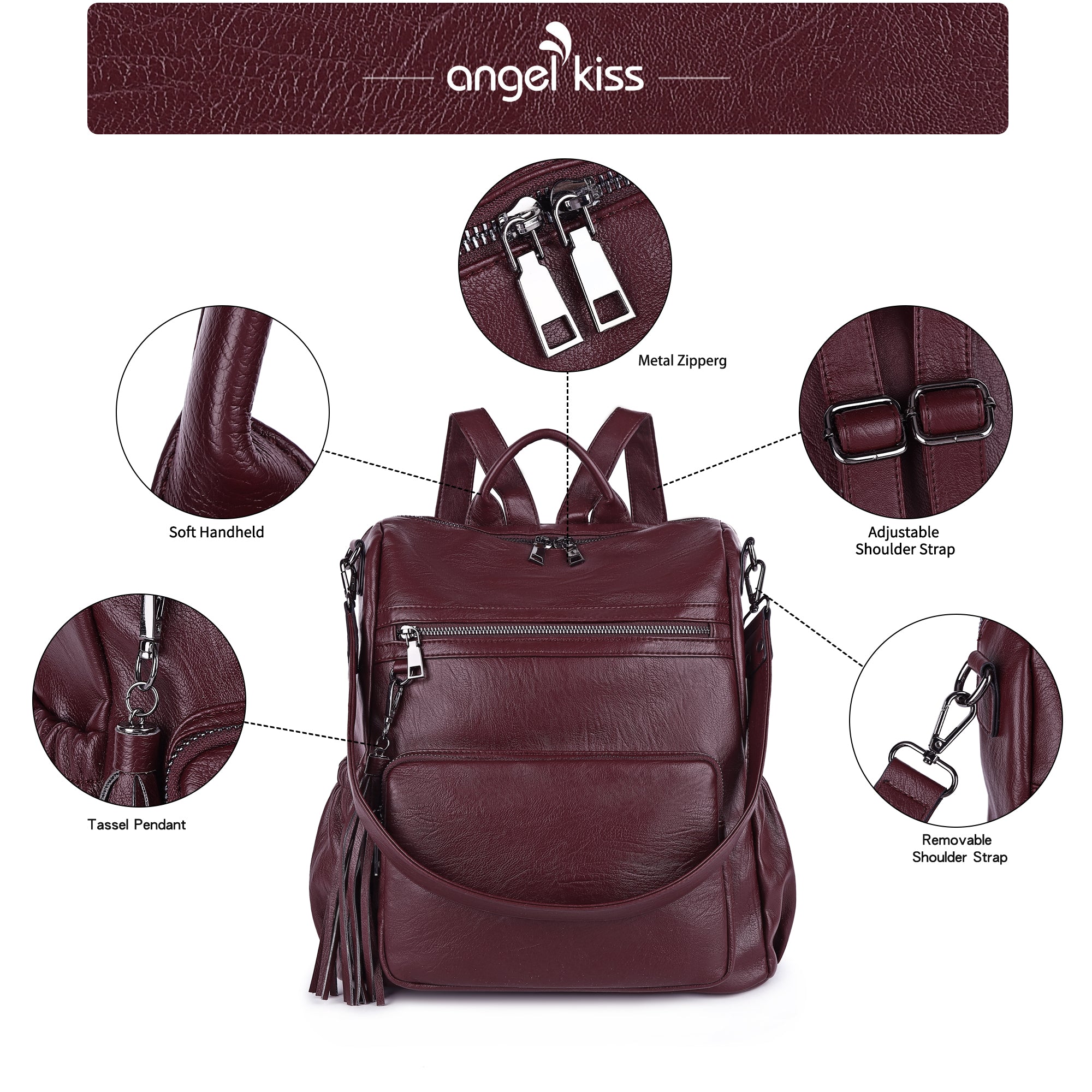 Women's large capacity backpacks for school, pu wash leather-Angelkiss Bag