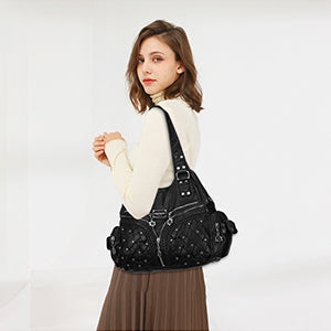 Women Large capacity hobo  Handbag Washed PU Leather-Angelkiss Bag