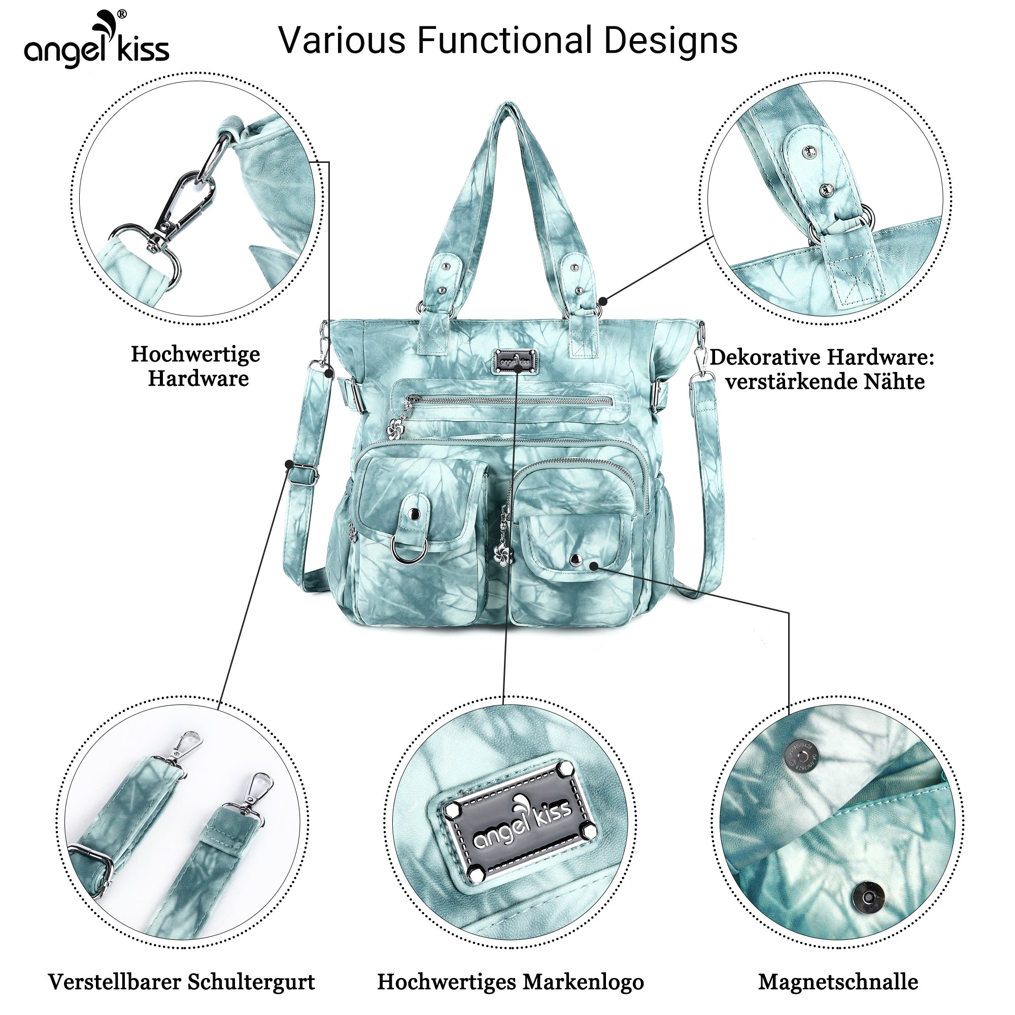 Large Muti-Pocket Women tie-dye Hobo Shoulder Bag-Angelkiss Bag