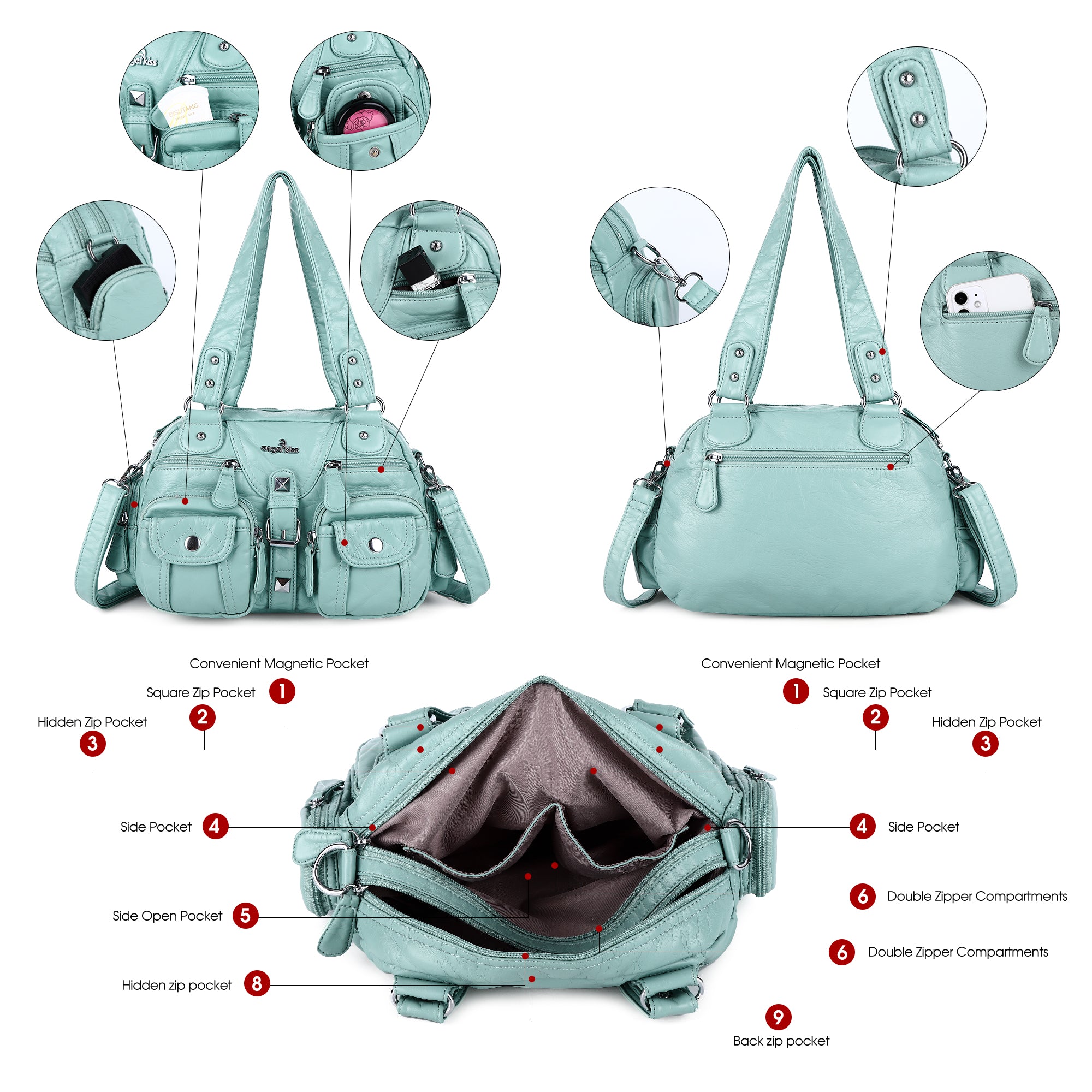 Washed Leather  Multilayer separation individuality Handbag Unique Style For Women-Angelkiss Bag