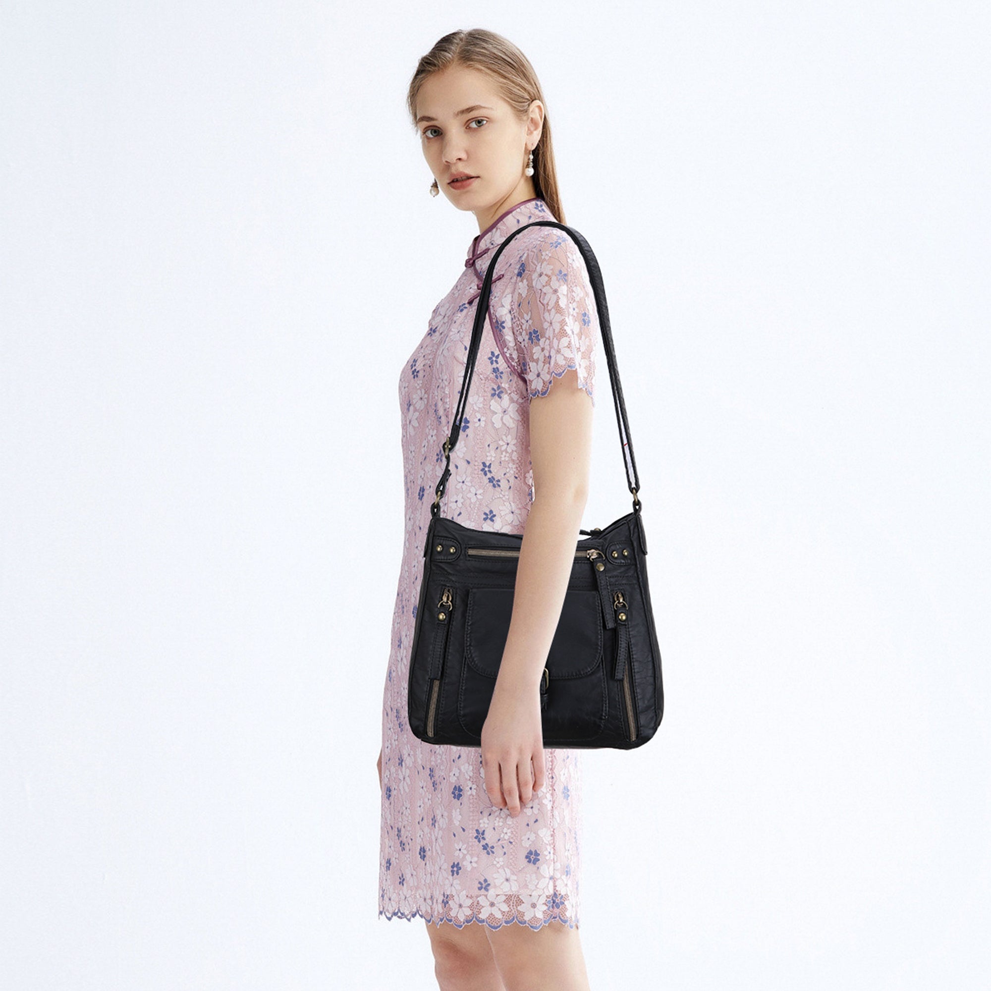Solid color wash water pu leather adjustable shoulder strap daily shoulder bag-Angelkiss Bag
