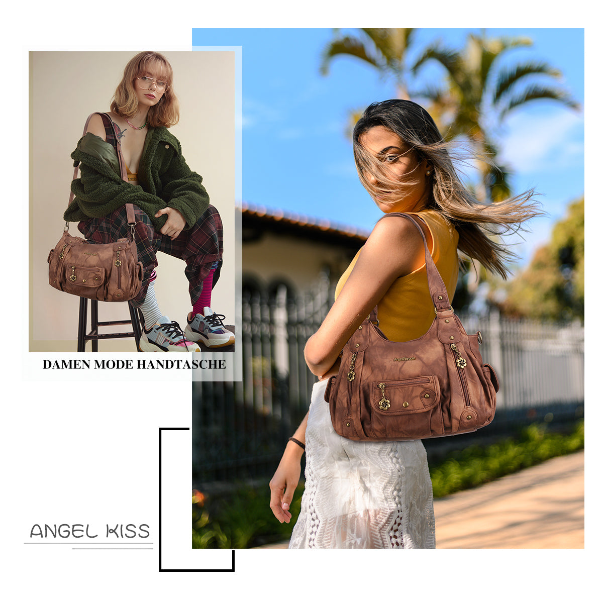 PU leather women's shoulder bag with tie-dye wash water-Angelkiss Bag
