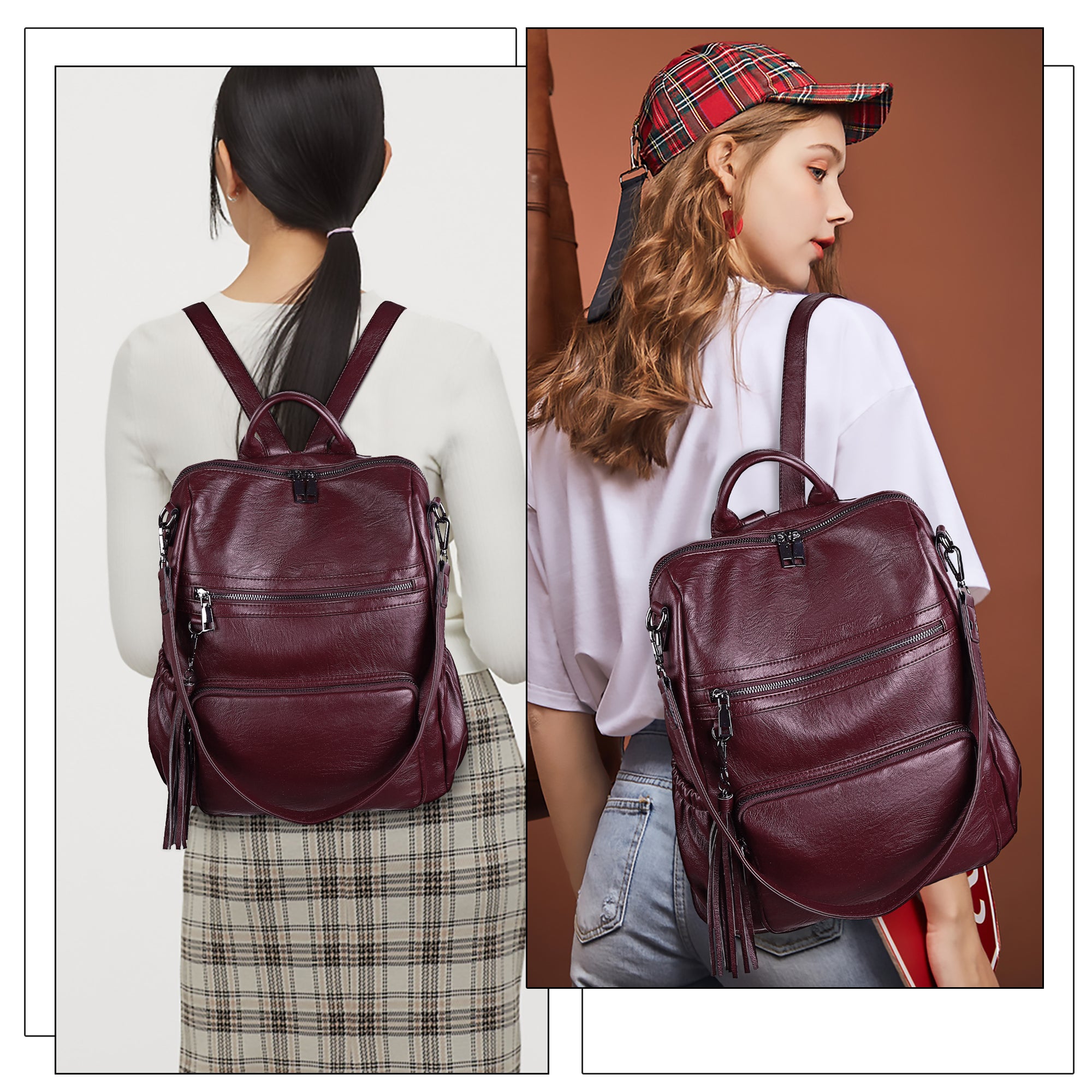 Women's large capacity backpacks for school, pu wash leather-Angelkiss Bag
