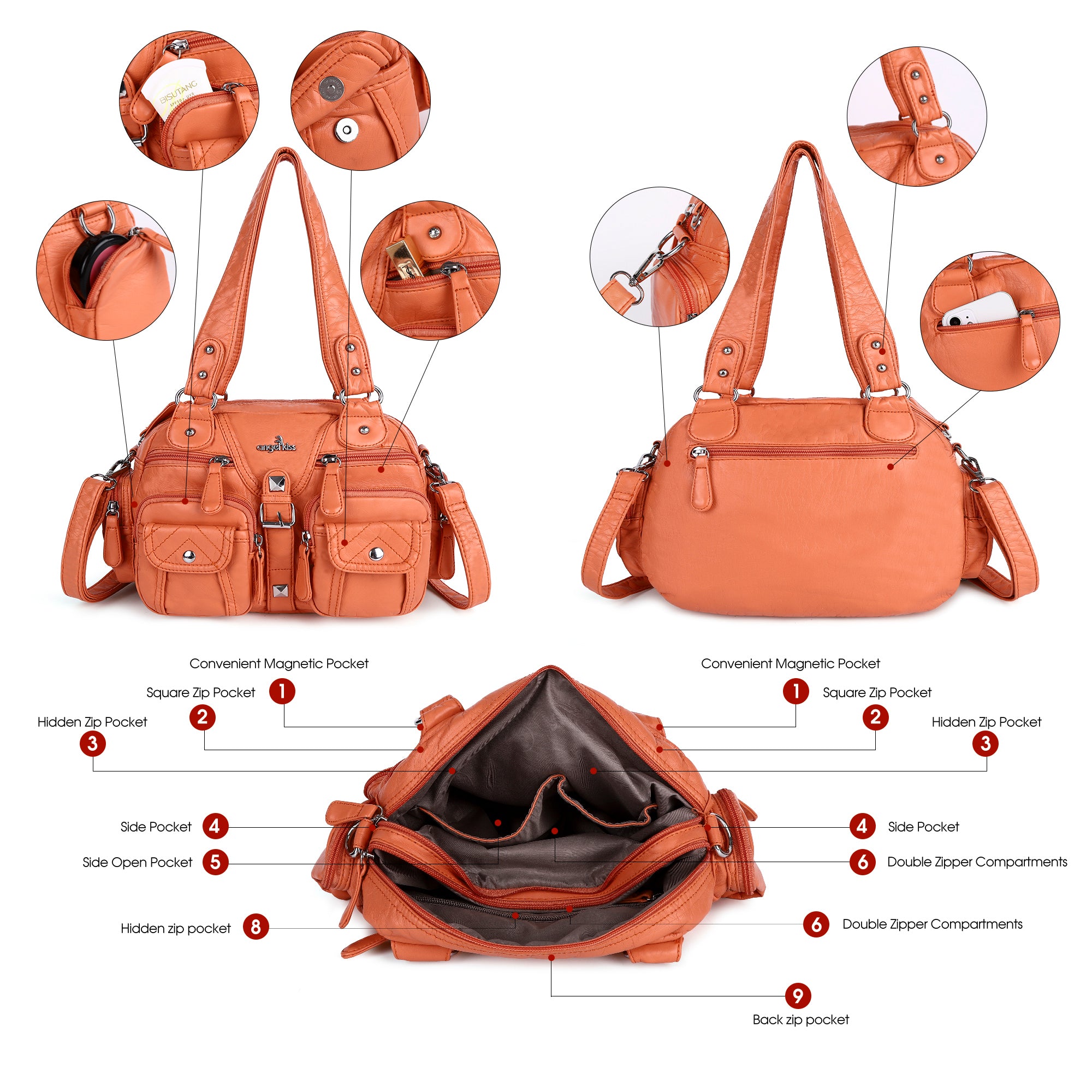 Washed Leather  Multilayer separation individuality Handbag Unique Style For Women-Angelkiss Bag