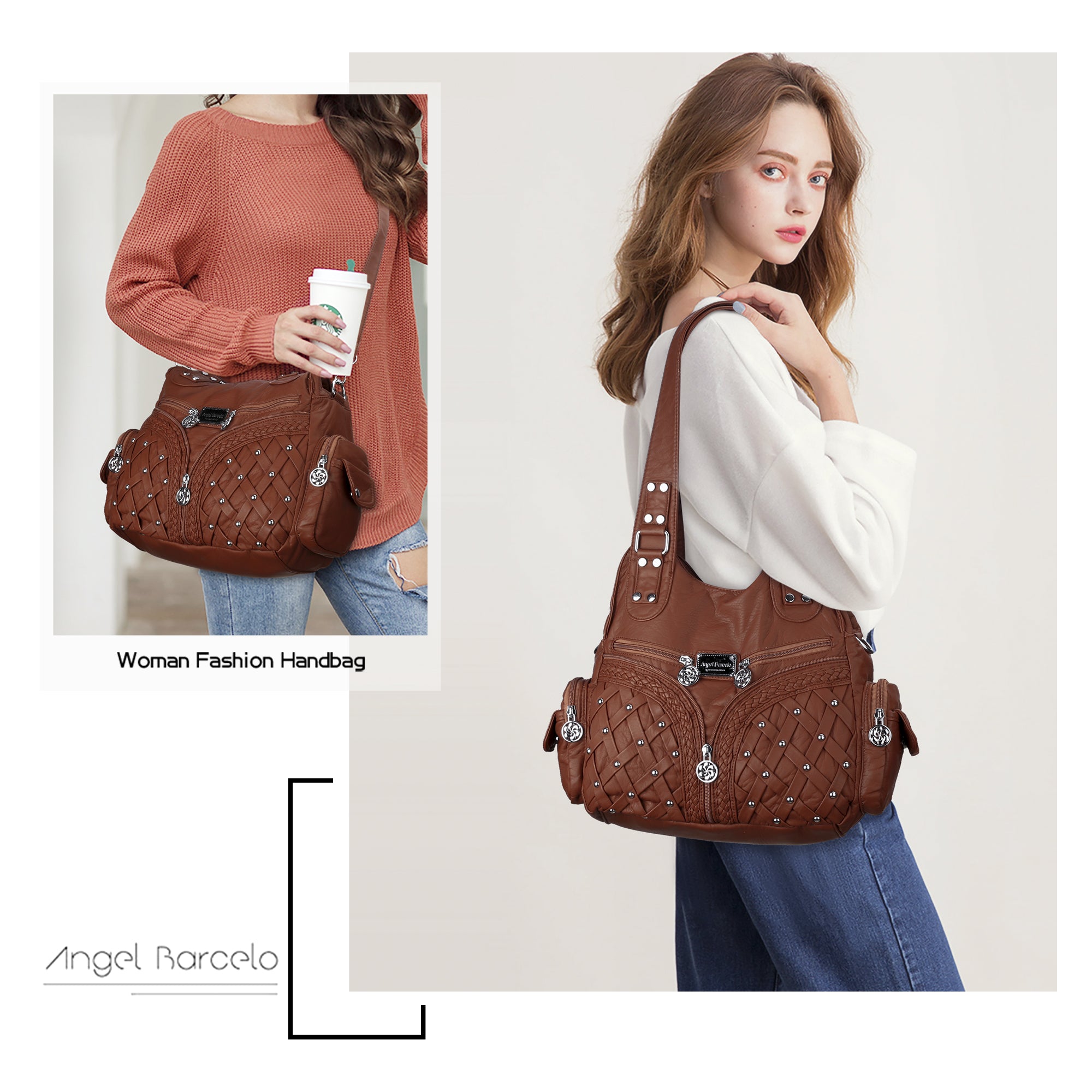 Women Large capacity hobo  Handbag Washed PU Leather-Angelkiss Bag